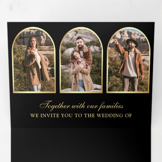 Black Gold Minimal Arch Photo QR code Wedding 三つ折り招待状 (内部最初)
