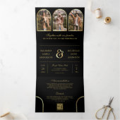 Black Gold Minimal Arch Photo QR code Wedding 三つ折り招待状 (内部)
