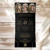 Black Gold Minimal Arch Photo QR code Wedding 三つ折り招待状