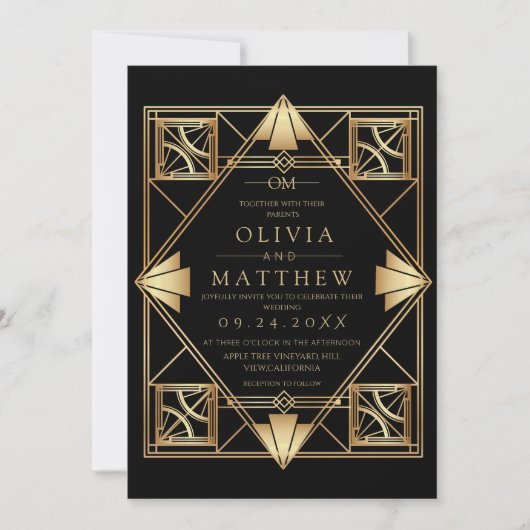 Black & Gold Modern Art Deco Wedding Invitation 招待状 (正面)