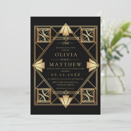 Black & Gold Modern Art Deco Wedding Invitation  招待状