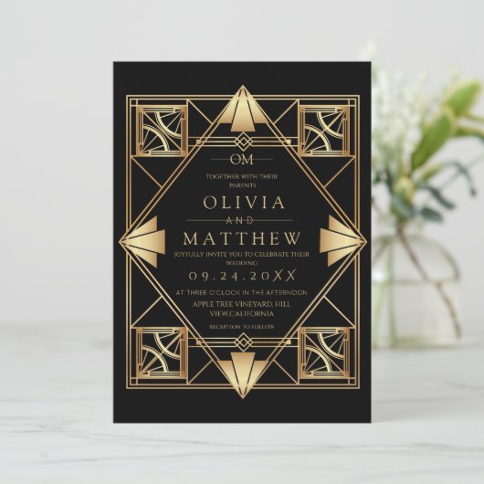 Black & Gold Modern Art Deco Wedding Invitation 招待状 (スタンド正面)