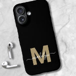 Black Gold Modern Feminine Script Name Monogram iPhone 16ケース<br><div class="desc">Personalized Gold and Black Script Initial Monogram Phone Case. Add a touch of luxury and elegance to your phone with this personalized phone case. Featuring a sleek black background, a bold gold initial (note: the gold is a flat color with no shimmer), and a flowing white script name, this design...</div>