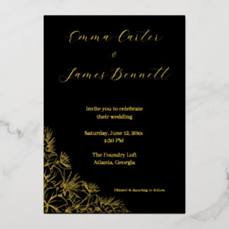 Black & Gold Modern Floral Wedding Foil Invitation 箔招待状
