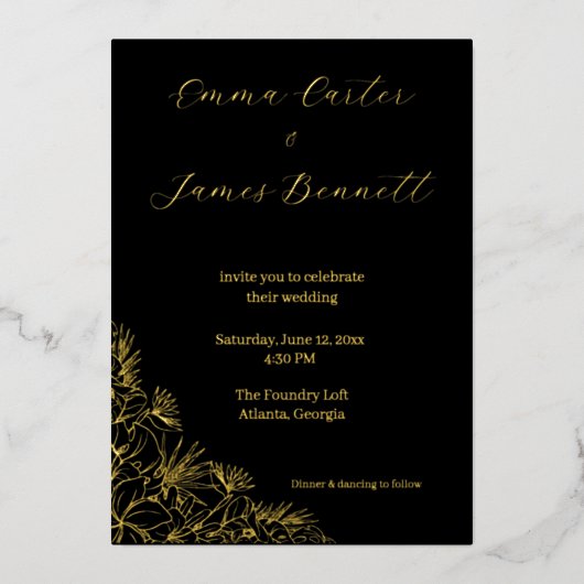 Black & Gold Modern Floral Wedding Foil Invitation 箔招待状 (正面)
