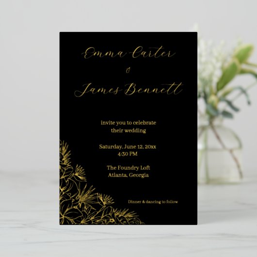 Black & Gold Modern Floral Wedding Foil Invitation 箔招待状 (立ち正面)