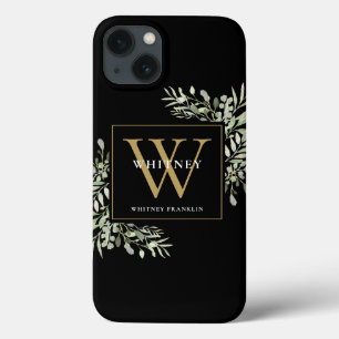 Black Gold Monogram Elegant Modern Greenery iPhone 13ケース