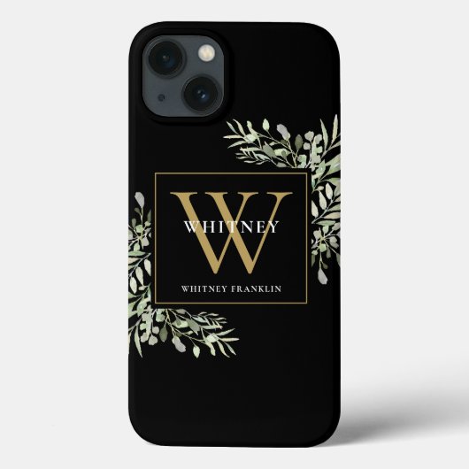 Black Gold Monogram Elegant Modern Greenery Case-Mate iPhoneケース (裏面)