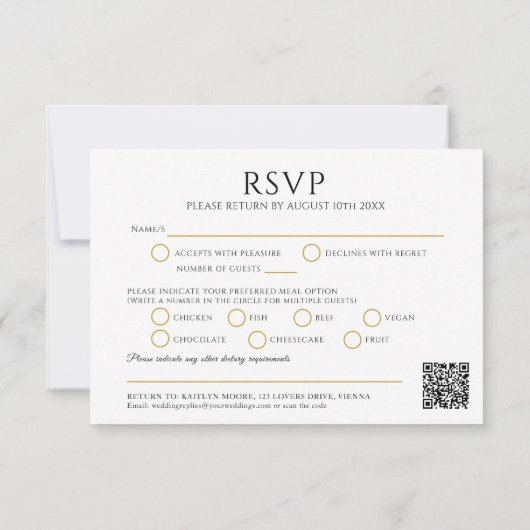 Black gold monogram meal option wedding QR code 出欠カード (裏面)