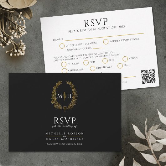 Black gold monogram meal option wedding QR code 出欠カード