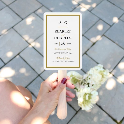 Black & Gold Monogram Wedding Ceremony Program ハンドファン