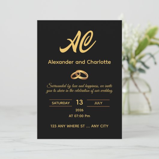 Black Gold Monogram Wedding Invitation 招待状 (スタンド正面)