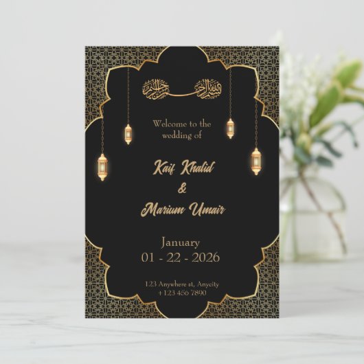 Black & Gold Muslim wedding invitation Editable 招待状 (スタンド正面)