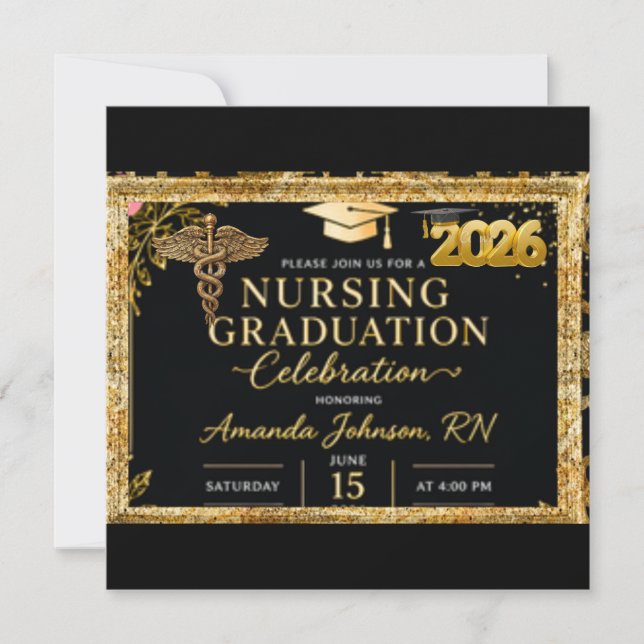 Black Gold Nursing Graduation Invitation | Luxury  (正面)