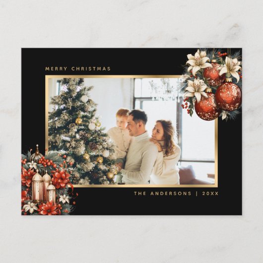 Black Gold Ornaments Botanical Photo Christmas シーズンポストカード (正面)