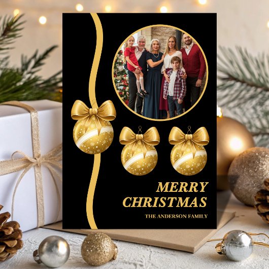 Black & Gold Ornaments Family Christmas Photo シーズンカード