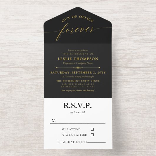 Black Gold Out of Office Forever Retirement Party オールインワン招待状 (内側)