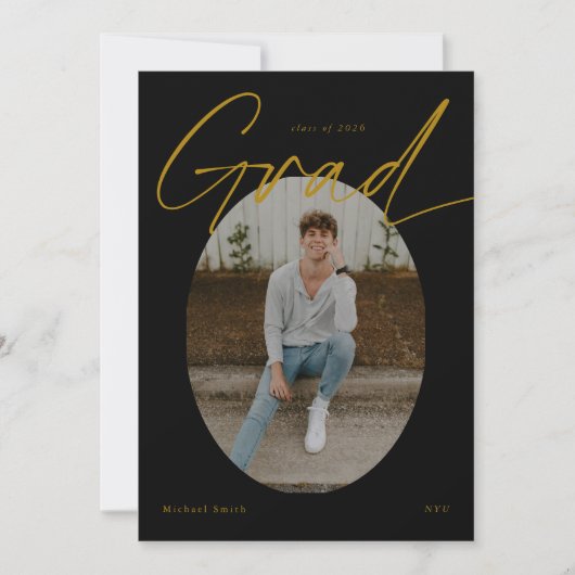 Black & Gold Oval Photo Modern Script Graduation 招待状 (正面)