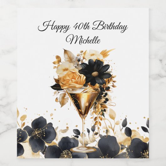 Black Gold Party Cocktails Drink Florals ワインラベル (シングルラベル)