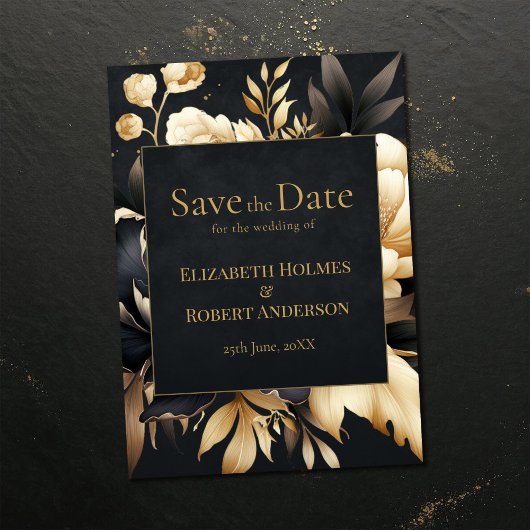 Black & Gold Peony Gothic Save the Date セーブザデート