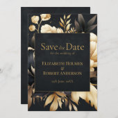 Black & Gold Peony Gothic Save the Date 招待状 (正面/裏面)