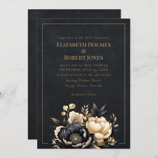 Black & Gold Peony Gothic Wedding Invitation 招待状 (正面/裏面)