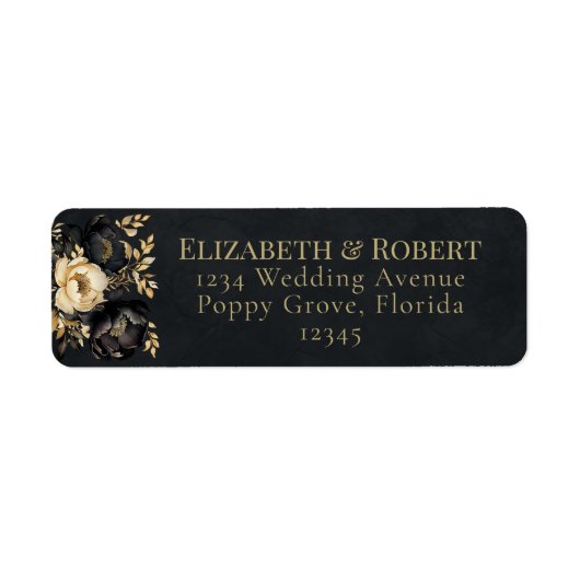Black & Gold Peony Wedding Address Labels ラベル (正面)