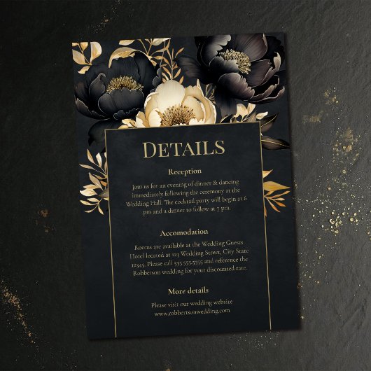 Black & Gold Peony Wedding Details Card 招待状