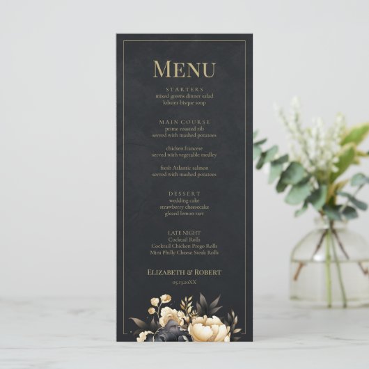Black & Gold Peony Wedding Menu Card メニュー (スタンド正面)