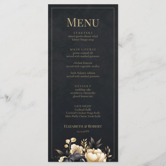 Black & Gold Peony Wedding Menu Card メニュー (正面)