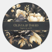 Black & Gold Peony Wedding Round Sticker ラウンドシール (正面)