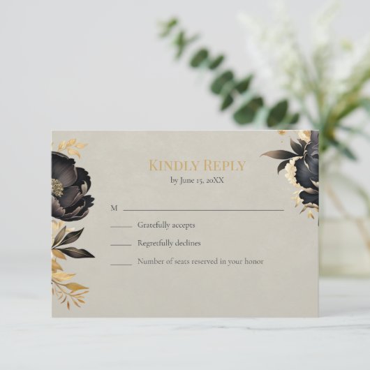 Black & Gold Peony Wedding RSVP Card (スタンド正面)