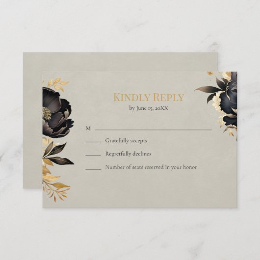 Black & Gold Peony Wedding RSVP Card (正面/裏面)