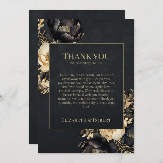 Black & Gold Peony Wedding Thank You Card サンキューカード (正面/裏面)