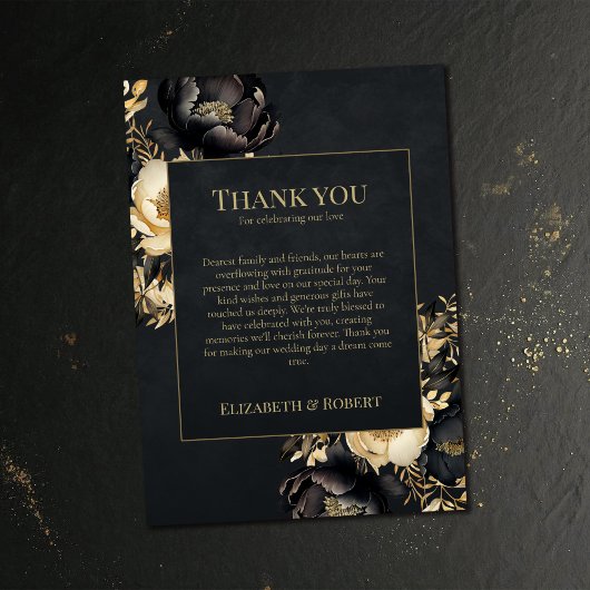 Black & Gold Peony Wedding Thank You Card サンキューカード
