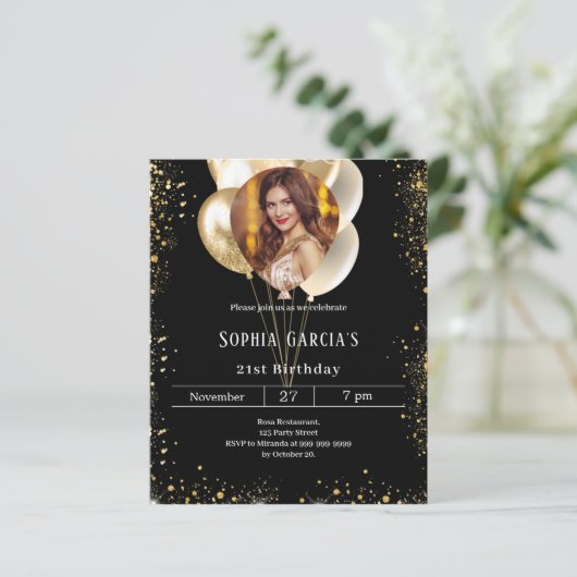 Black gold photo balloons birthday invitation (スタンド正面)