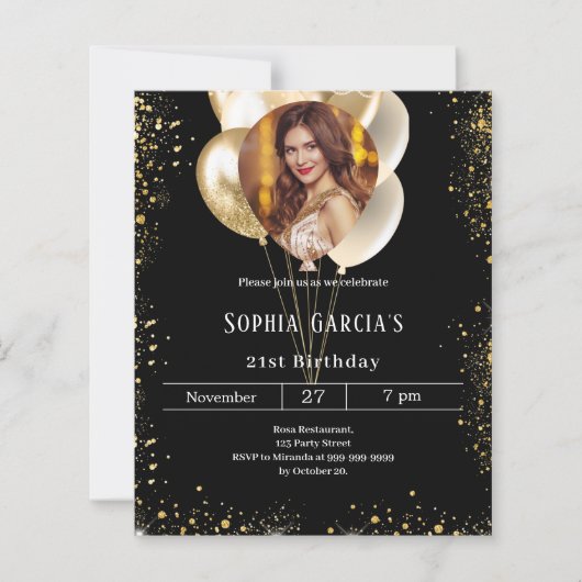 Black gold photo balloons birthday invitation (正面)