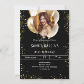 Black gold photo glitter balloons birthday 招待状 (正面)