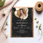 Black gold photo glitter balloons birthday 招待状