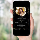 Black gold photo glitter balloons birthday 招待状