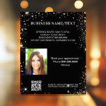 Black gold photo qr code promotion business チラシ<br><div class="desc">Personalize and add your business,  name,  address,  your text,  photo,  your own QR code to your website. Black background,  white text. Decorated with faux gold glitter sparkles.</div>