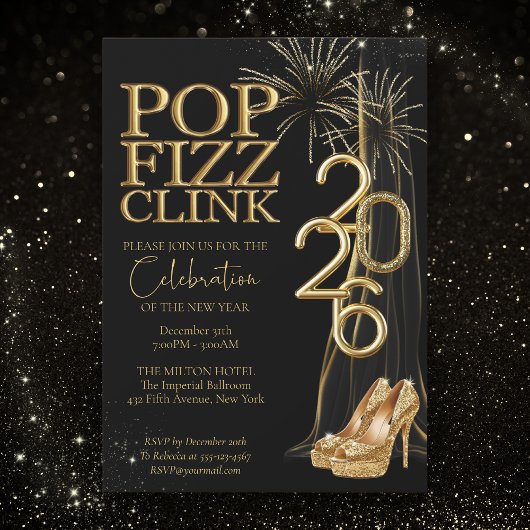 Black Gold Pop Fizz Clink New Years Invitation 招待状