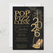Black Gold Pop Fizz Clink New Years Invitation 招待状 (正面)