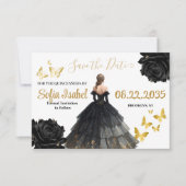 Black & Gold Quinceañera Save the Date Card セーブザデート (正面)