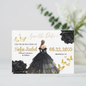 Black & Gold Quinceañera Save the Date Card セーブザデート (スタンド正面)