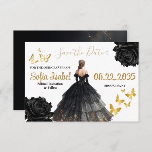 Black & Gold Quinceañera Save the Date Card セーブザデート (正面/裏面)