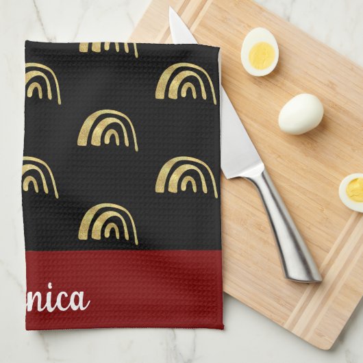 Black & Gold rainbow custom name キッチンタオル (四つ折り)
