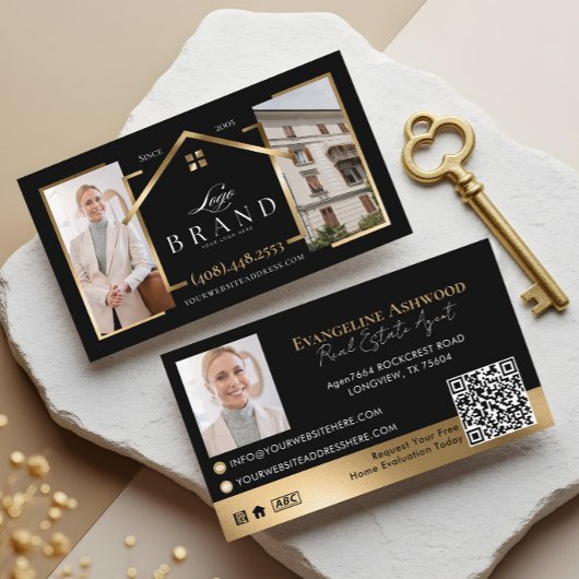 Black Gold Real Estate Agent Photo Logo QR Code 名刺