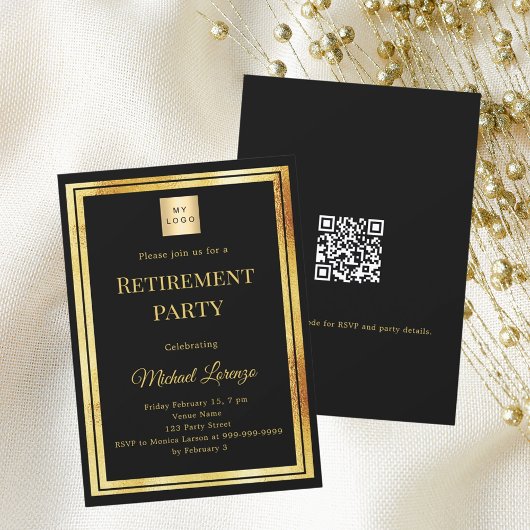 Black gold retirement party QR code business logo 招待状