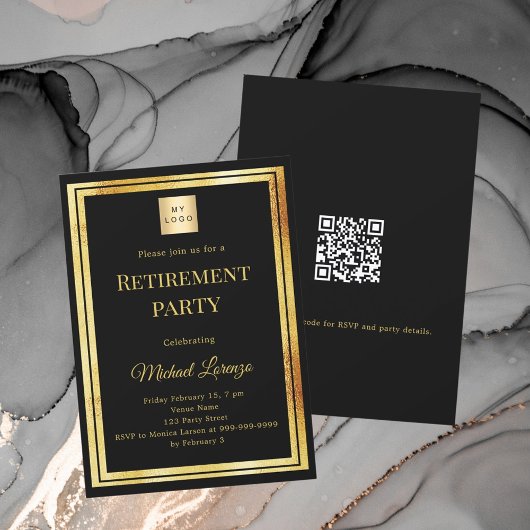 Black gold retirement party QR code business logo 招待状
